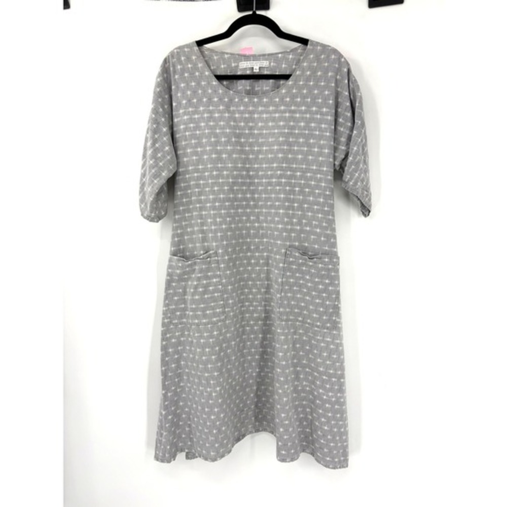 Love To‎ Love You Grey Ikat Grid Print Midi Dress Back Tie Pockets Womens Large